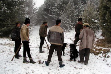 Rumänische Treiber bei Jagd auf Wolf, Luchs, Bär und Schwarzwild in der Nähe von Targu Secuiesc<small>© H. R.</small>